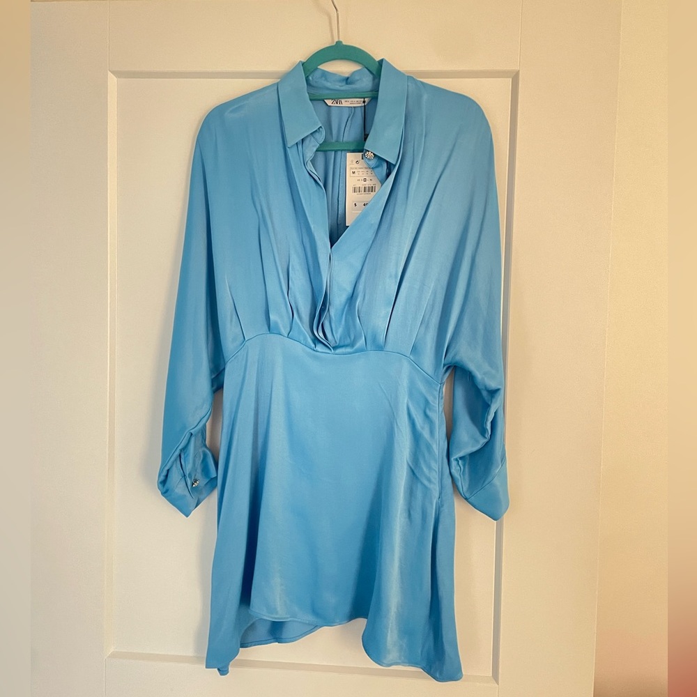 Blue silk mini dress with crystal buttons
